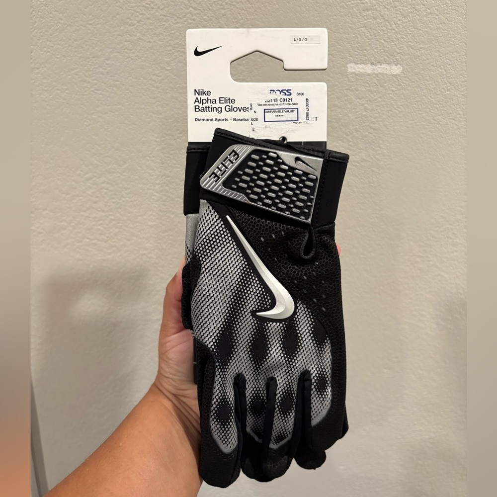 Nike Adult Alpha Elite Batting Gloves Size Large Black/Silver